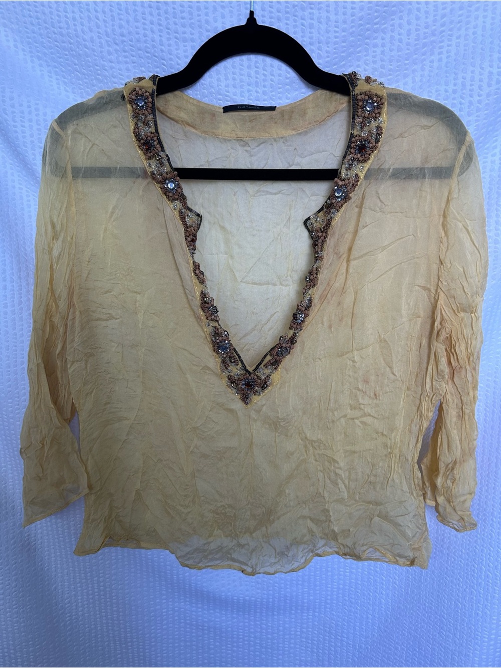 Elie Tahari Yellow Sheer Silk Beaded Embellished V-Neck Blouse Best For Size S